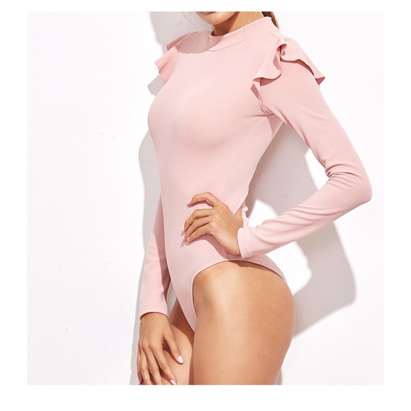 Blush Pink Mock Neck Long Sleeve Ruffle Bodysuit - Picture 5 of 7